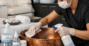 A professional esthetician sanitizing a hammered non-plumbed copper pedicure bowl using a soft sponge and cleaning solution in a modern spa setting.
