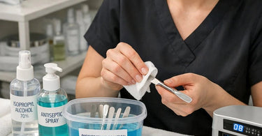 A professional-grade stainless steel makeup spatula and a bottle of 70% isopropyl alcohol antiseptic spray disinfectant solution on a clean white surface.