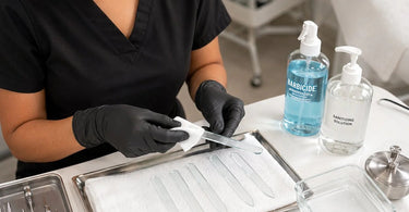 A clear, high-quality reusable glass nail file being sanitized with a spray of alcohol on a clean white towel, demonstrating professional nail tool care.