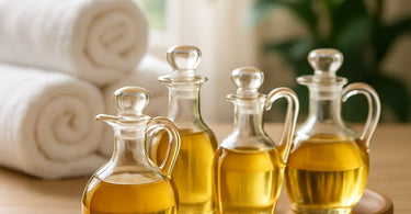 Assorted professional massage oils and bottles arranged for spa treatment