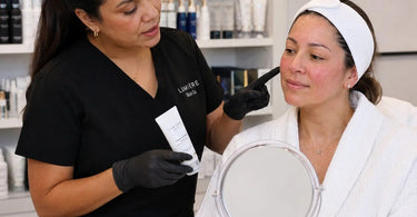 A graphic design image for a blog post titled How To Set Expectations For Temporary Redness After Facials, featuring a woman with a slight facial flush