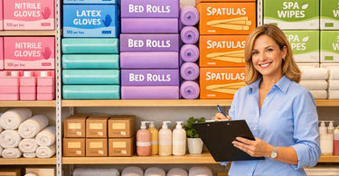 Spa professional organizing disposable supplies like gloves, spatulas, and bed rolls to prevent inventory emergencies, featuring Pure Spa Direct products.
