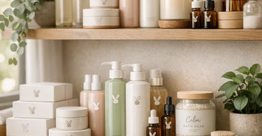 Cruelty-free beauty products arrangement featuring waxing supplies, skincare bottles, and professional tools on a marble surface