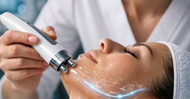 Close-up of a skincare professional applying clear conductor gel during a microcurrent facial treatment in a modern spa