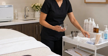 A neatly organized spa treatment room featuring a facial bed, a fully stocked rolling cart, and various professional supplies like towels and skincare products.