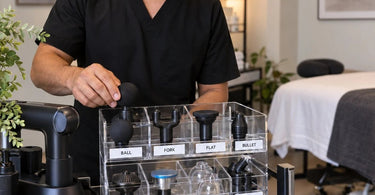 Organized spa equipment attachments in clear labeled storage bins with facial steamer parts and wax warmer accessories neatly arranged
