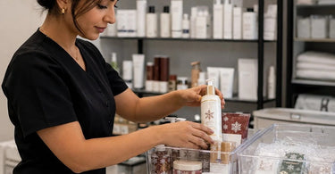 Organized storage bins with holiday treatment supplies in a professional spa setting