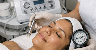 Technician testing the suction power of a professional microdermabrasion machine with a gauge