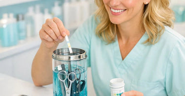 Close-up of a professional's hands testing the clarity and level of blue Barbicide solution in a glass disinfectant jar on a salon station.