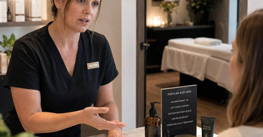 A welcoming spa reception desk showcasing retail products, representing the art of training front desk staff to naturally suggest add-ons for an enhanced client experience.
