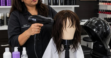 Graphic illustration of a wig drying safely on a stand in a professional salon setting.