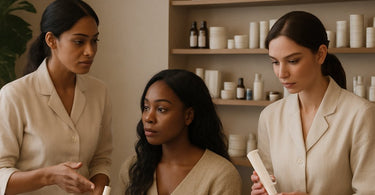 Smiling spa professional demonstrating product to client in a relaxing salon environment