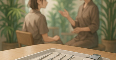 Esthetician examining client's skin with magnifying lamp during facial treatment