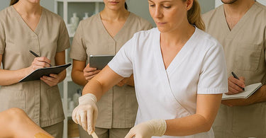 Professional esthetician demonstrating proper waxing technique on client's leg in spa setting