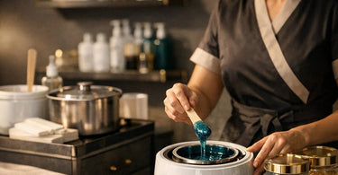 Professional esthetician applying stripless hard wax to a client's bikini area using a wooden spatula, demonstrating a salon transition to a full hard wax menu.