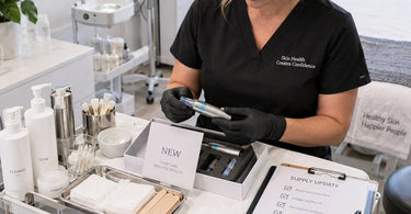 Spa and salon team members gathered around a table with new professional beauty supplies and tools