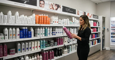 Salon professional recommending hair care products to a client