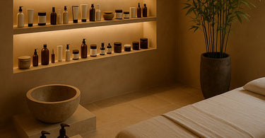 Spa professional demonstrating retail products to happy client in luxurious salon setting