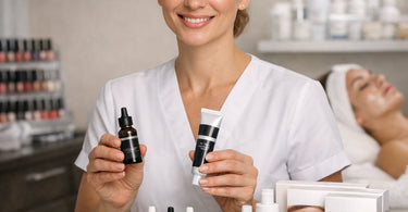 Esthetician applying brow tint to client during facial treatment to upsell services