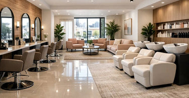A stylish and clean area rug placed thoughtfully in a modern salon waiting area, showcasing how to use rugs without compromising hygiene.