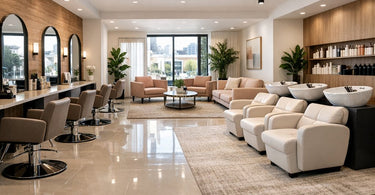 A stylish and clean area rug placed thoughtfully in a modern salon waiting area, showcasing how to use rugs without compromising hygiene.