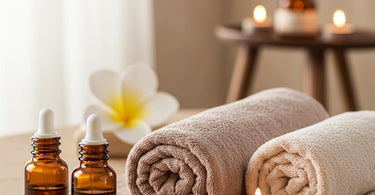 Aromatherapy oils and massage tools arranged on a spa table