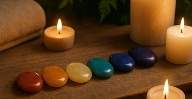 Chakra balancing stones arranged in rainbow colors on spa towel with essential oils