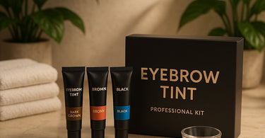 Professional eyebrow tinting kit with dye, brushes, and tools for salon-perfect brows