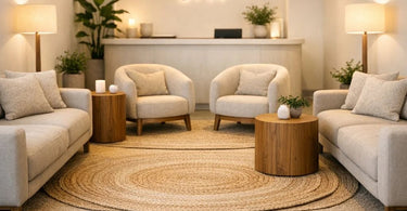 A cozy spa treatment room featuring modern furniture with soft curves, plush textiles, and warm lighting to create a relaxing and inviting atmosphere.