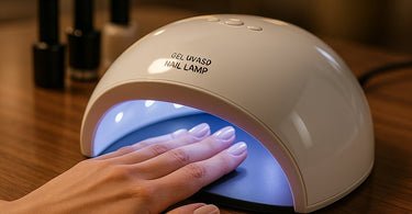 Professional UV/LED nail lamp curing gel polish on client's nails in a salon setting