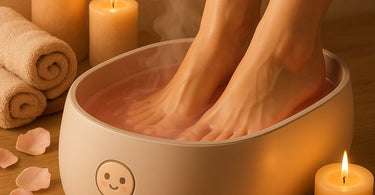 Professional paraffin foot warmer in use at a spa, showing warm wax being applied to smooth cracked heels during a pedicure