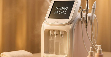 Professional hydro facial machine in use during a spa treatment showing glowing skin results