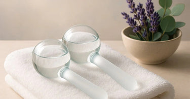 Professional ice globe facial massagers chilling on a spa towel, ready for cryotherapy skin treatments