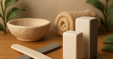 Professional nail buffer and shiner blocks with manicured hands demonstrating use