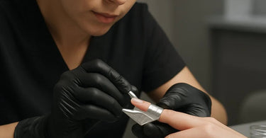 Close-up of a nail technician applying nail forms for acrylic extensions on a client's natural nail