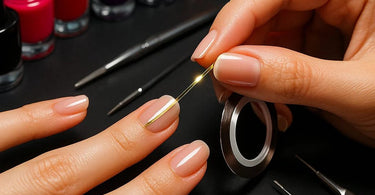 Professional nail technician using nail striping tape applicator to create precise nail art designs