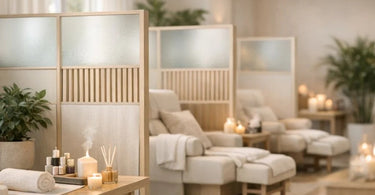 A stylish and modern salon interior featuring an elegant folding privacy screen creating a distinct, intimate space for a client receiving a facial treatment, highlighting the concept of open floor plan privacy.