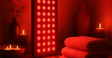 Professional using red light therapy panel on client's face in spa setting