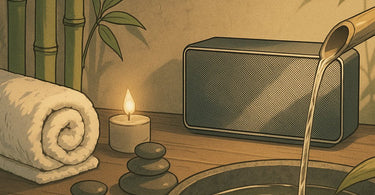 Professional spa music sound system setup with wireless speakers and tablet control in a serene treatment room