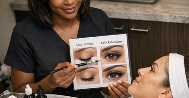 A collage showing the lash extension journey from tinting to full volume sets, with products and tools displayed.