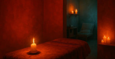 Spa therapist massaging temples while surrounded by beauty products