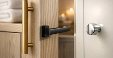 A collage showing different styles of cabinet hardware pulls and knobs on a white background, highlighting how they can define a spa or salon's brand aesthetic.