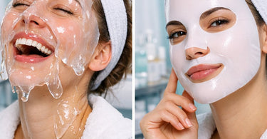 Close-up comparison of a translucent hydrogel mask and a silky biocellulose mask on skin, showing texture and fit.