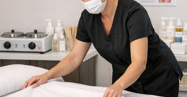 Waxing professional applying hard wax to a client on a massage table, illustrating the impact of menstrual cycles on pain sensitivity during waxing services.
