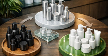 A collection of empty professional spa and salon product containers being sorted for recycling in a take-back program