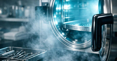 A modern hospital-grade autoclave unit in a clean, professional spa treatment room with sterilized metal tools in sealed pouches nearby.