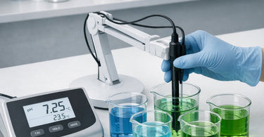 A professional pH testing station setup on a salon backbar, showing test strips, droppers, and various water-based skincare products ready for testing.