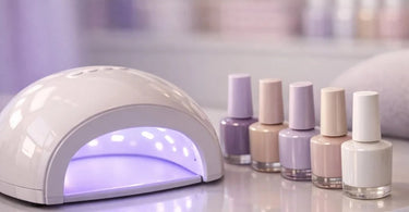 Close-up of a professional nail technician's hands using a UV LED lamp to cure blue gel polish on a client's nails in a modern salon setting