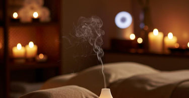 Relaxing spa environment with aromatherapy diffuser and soft music playing in the background