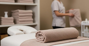 Spa linens neatly folded on a massage table, showcasing proper linen care in a professional spa setting